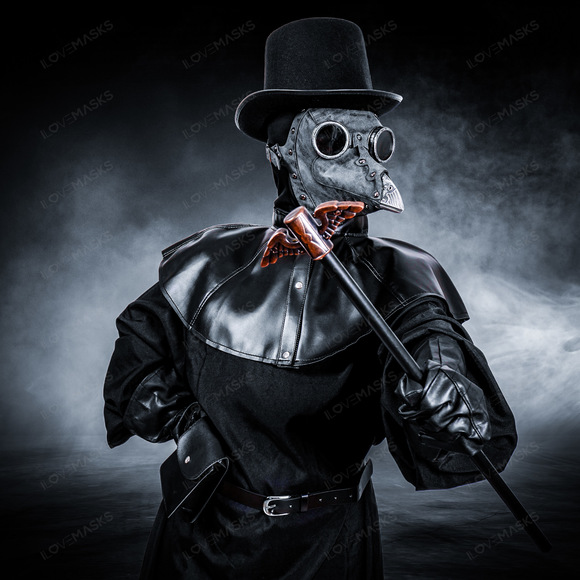 Plague Doctor with Bird Beak Mask & Top Hat Full Costume Set - Grey Silver - Picture 6 of 6
